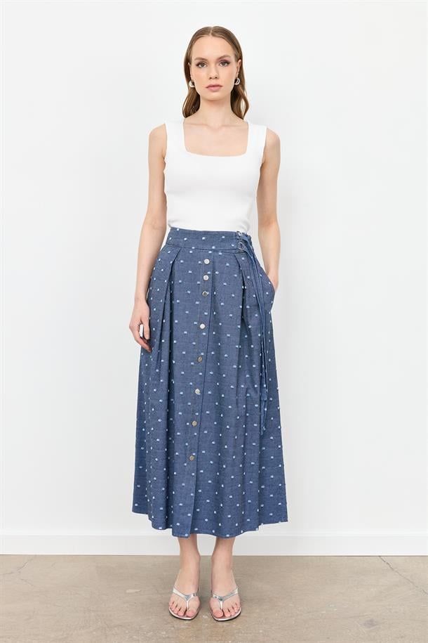 Kemer Detaylı Kloş Kot Etek-MAVİ