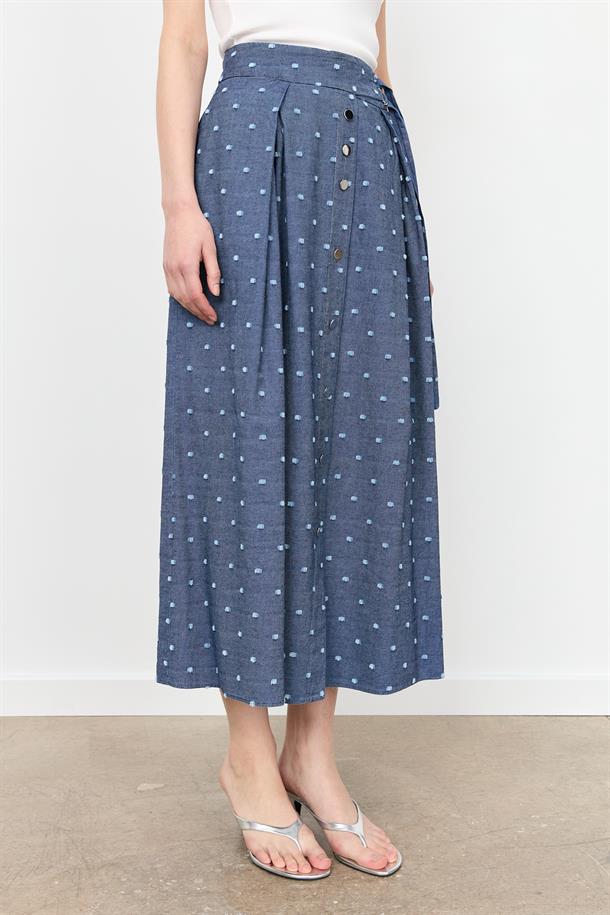 Kemer Detaylı Kloş Kot Etek-MAVİ