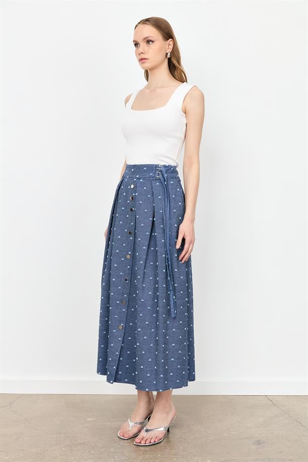 Kemer Detaylı Kloş Kot Etek-MAVİ