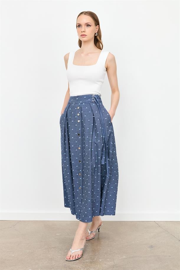 Kemer Detaylı Kloş Kot Etek-MAVİ