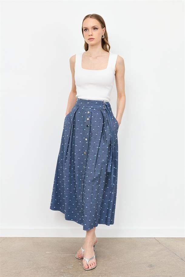 Kemer Detaylı Kloş Kot Etek-MAVİ