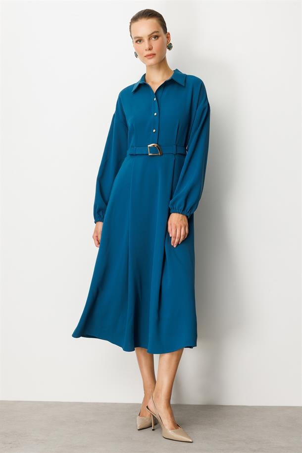 Kemer Detaylı Krep Elbise-PETROL