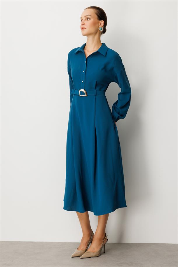 Kemer Detaylı Krep Elbise-PETROL