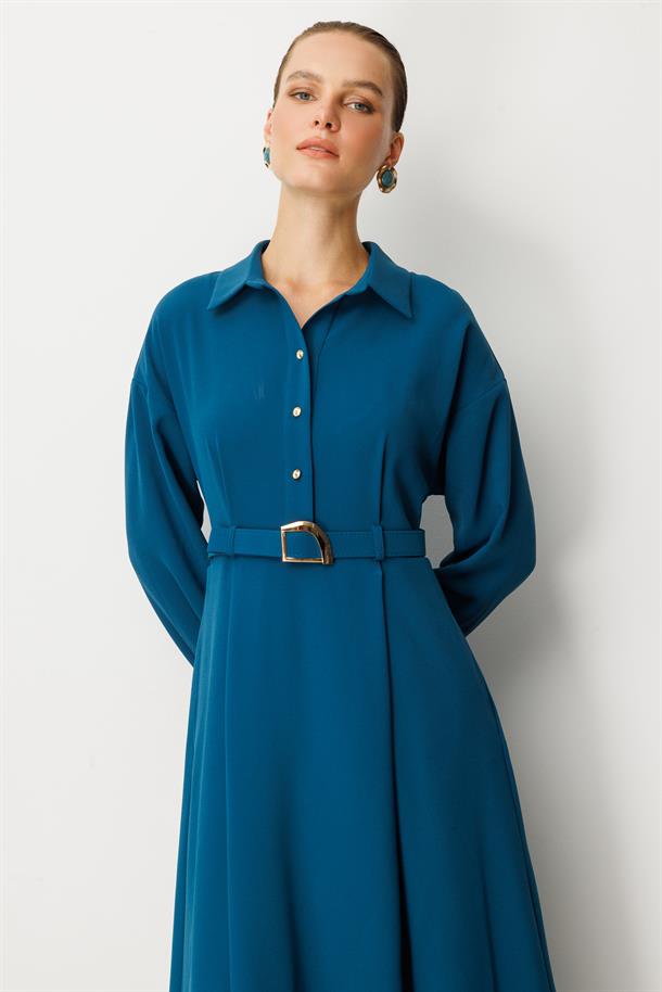 Kemer Detaylı Krep Elbise-PETROL