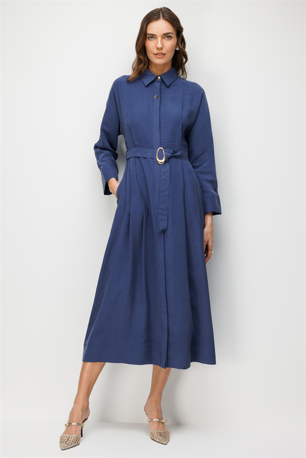 Kemer Detaylı Cupra Elbise-İNDİGO