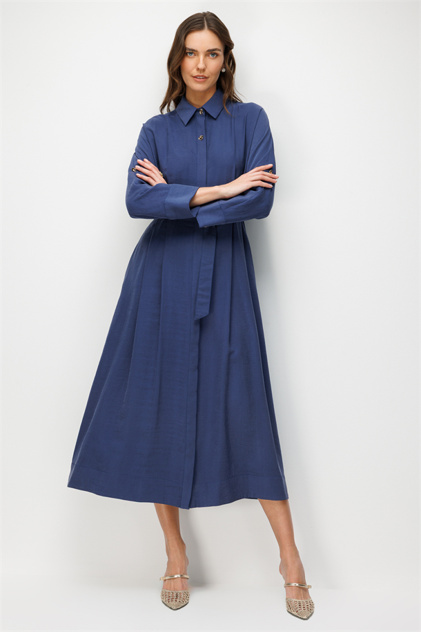 Kemer Detaylı Cupra Elbise-İNDİGO