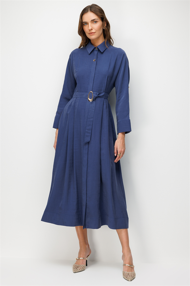 Kemer Detaylı Cupra Elbise-İNDİGO