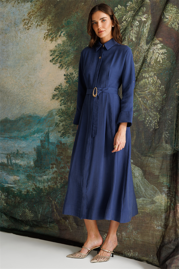 Kemer Detaylı Cupra Elbise-İNDİGO