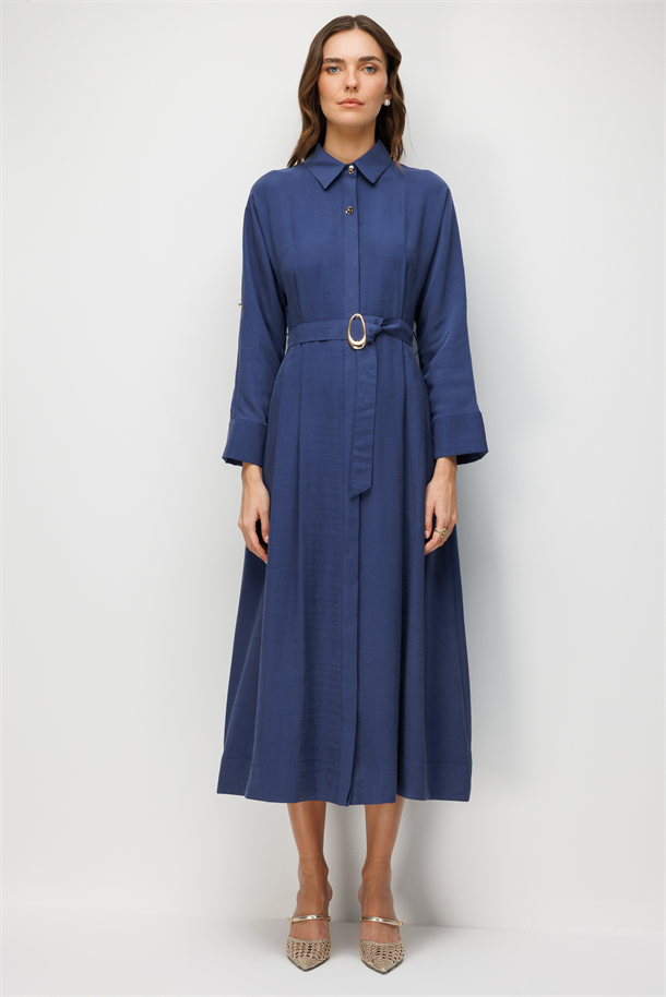 Kemer Detaylı Cupra Elbise-İNDİGO