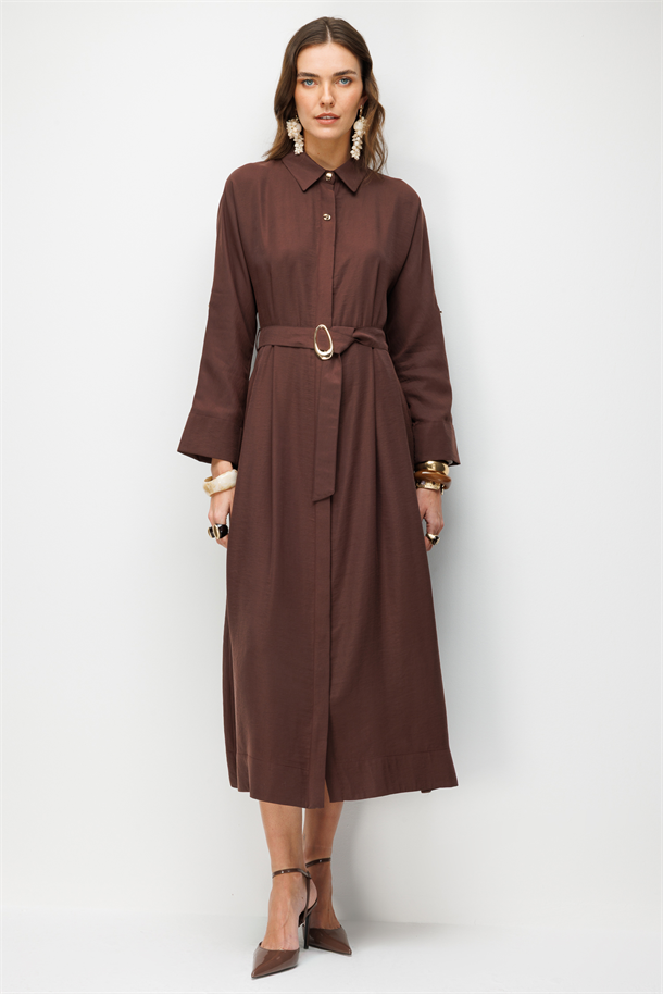 Kemer Detaylı Cupra Elbise-KAHVE