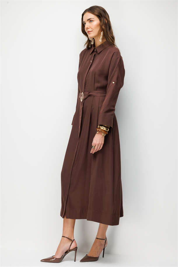 Kemer Detaylı Cupra Elbise-KAHVE