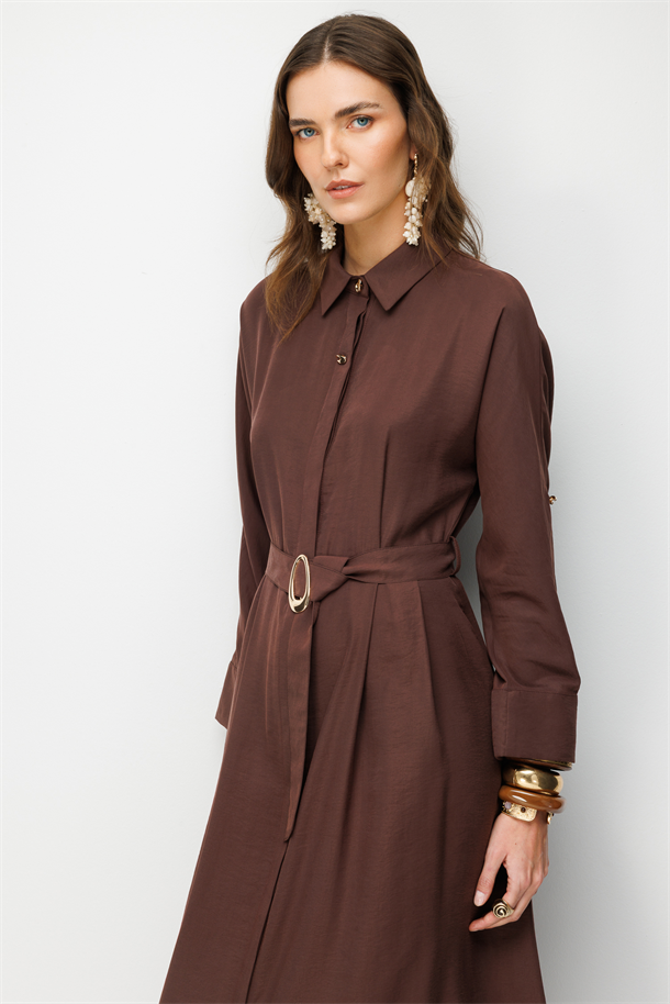 Kemer Detaylı Cupra Elbise-KAHVE