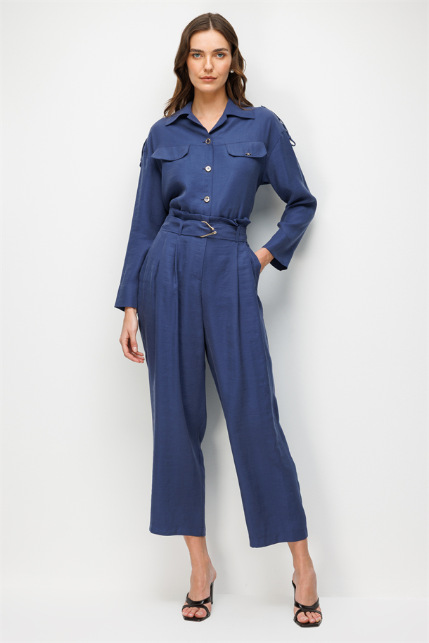 Kemer Detaylı Cupra Pantolon-İNDİGO