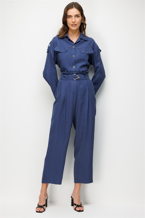 Kemer Detaylı Cupra Pantolon-İNDİGO