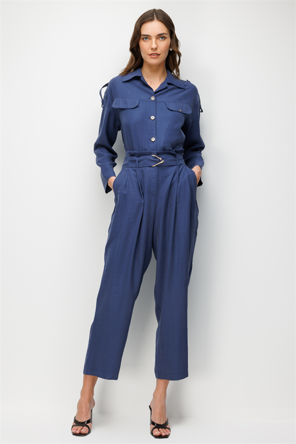 Kemer Detaylı Cupra Pantolon-İNDİGO