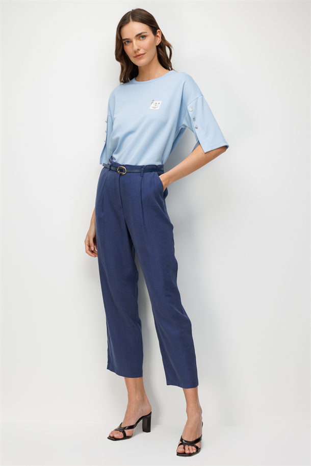 Kemerli Cupra Pantolon-İNDİGO