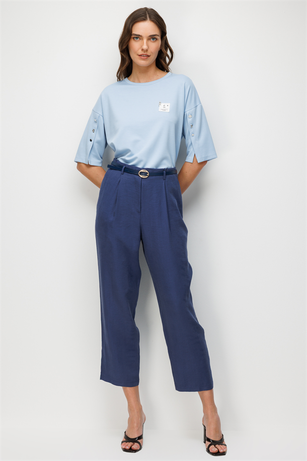 Kemerli Cupra Pantolon-İNDİGO