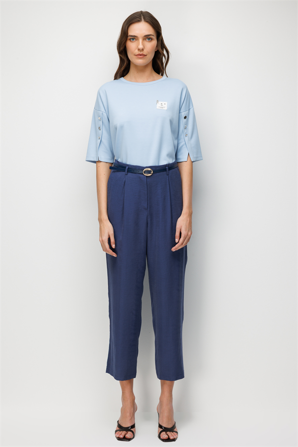 Kemerli Cupra Pantolon-İNDİGO