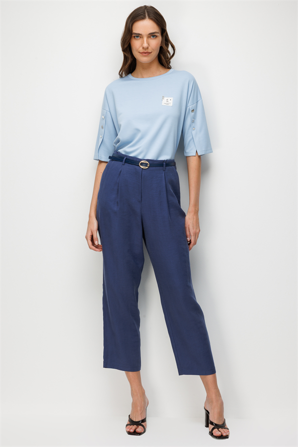 Kemerli Cupra Pantolon-İNDİGO