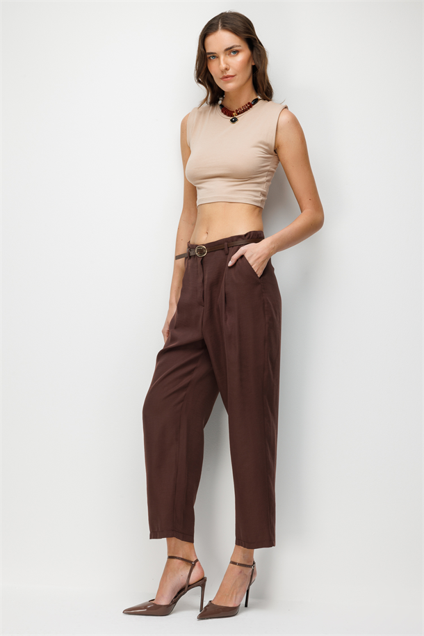 Kemerli Cupra Pantolon-KAHVE