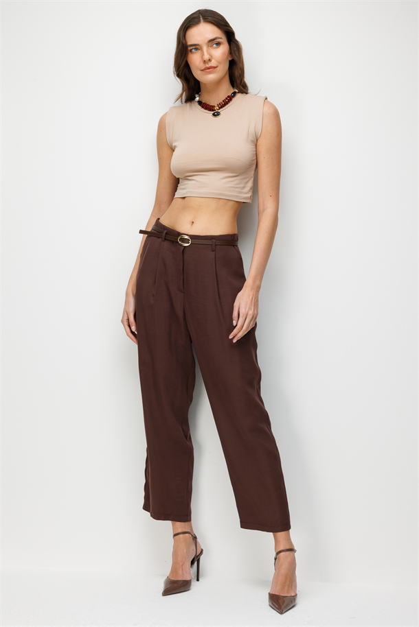 Kemerli Cupra Pantolon-KAHVE
