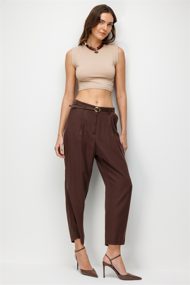 Kemerli Cupra Pantolon-KAHVE