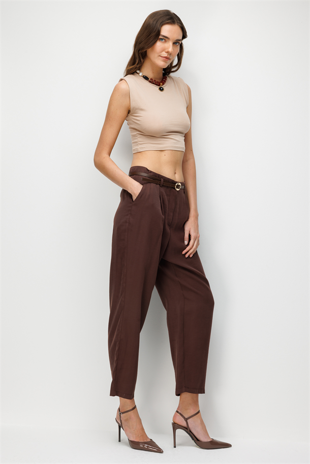 Kemerli Cupra Pantolon-KAHVE