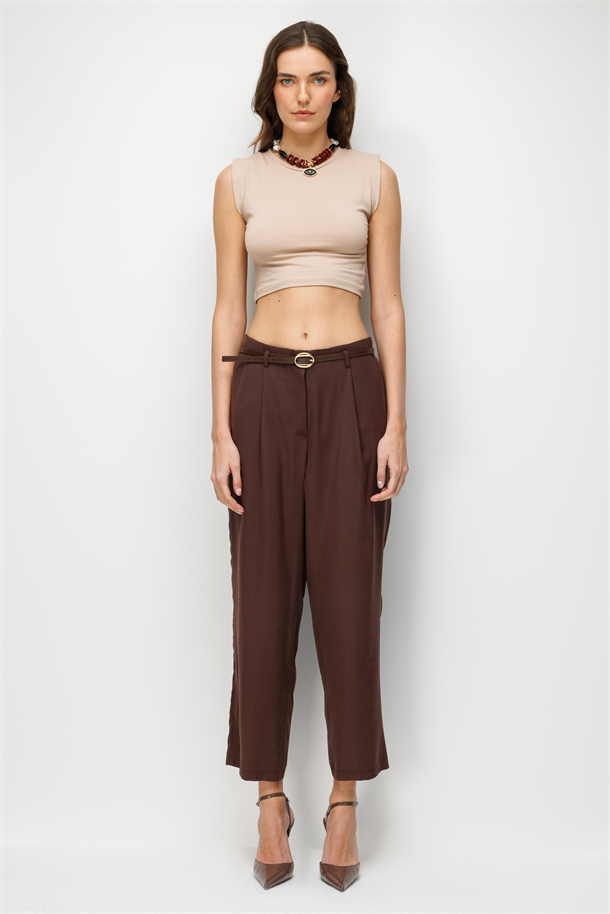 Kemerli Cupra Pantolon-KAHVE