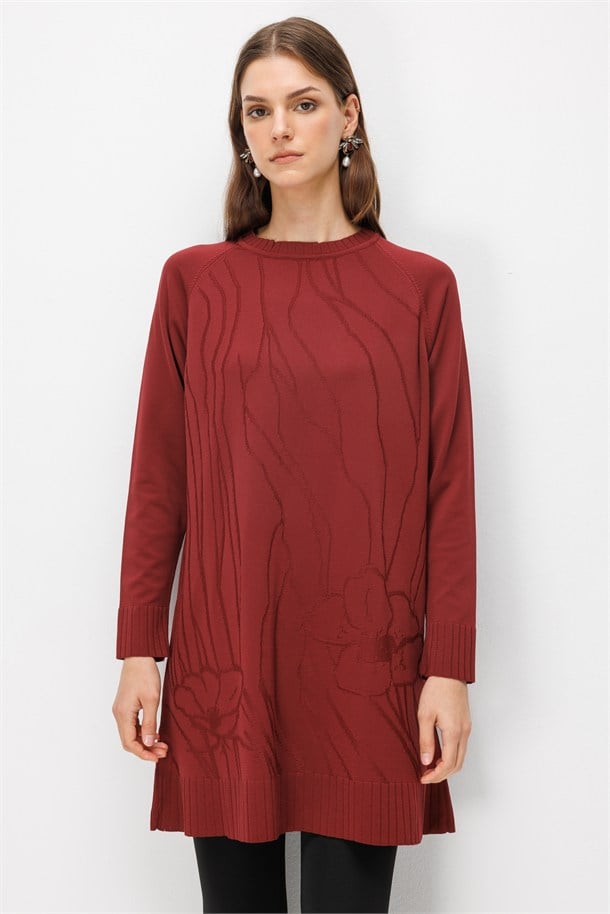 Kendinden Çiçek Desenli Triko Tunik-BORDO
