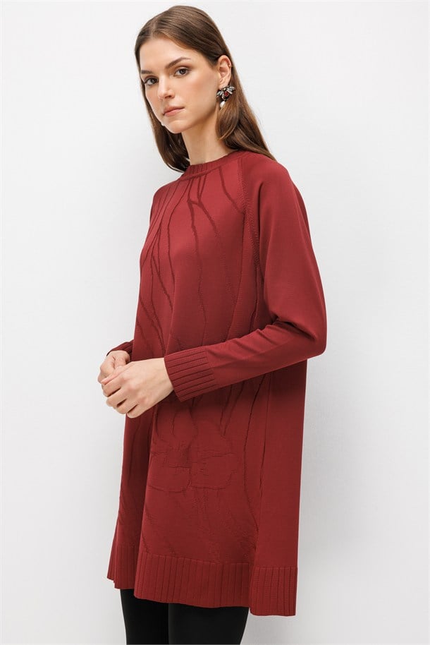 Kendinden Çiçek Desenli Triko Tunik-BORDO