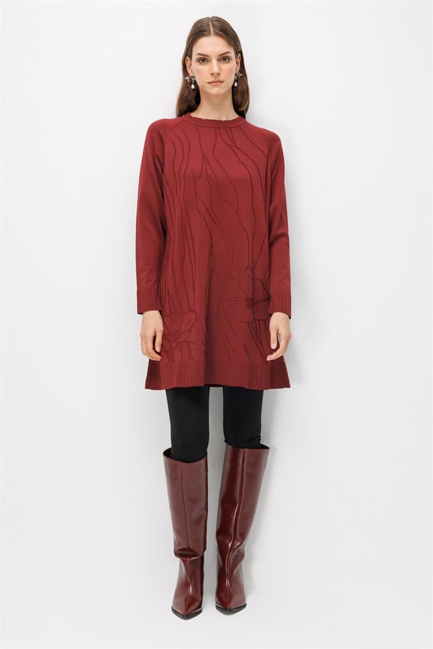 Kendinden Çiçek Desenli Triko Tunik-BORDO