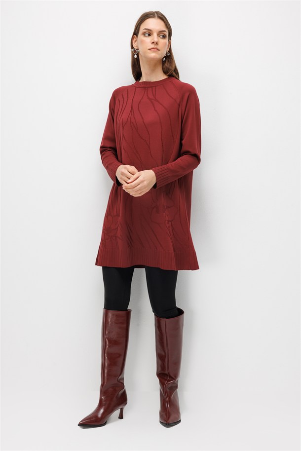 Kendinden Çiçek Desenli Triko Tunik-BORDO