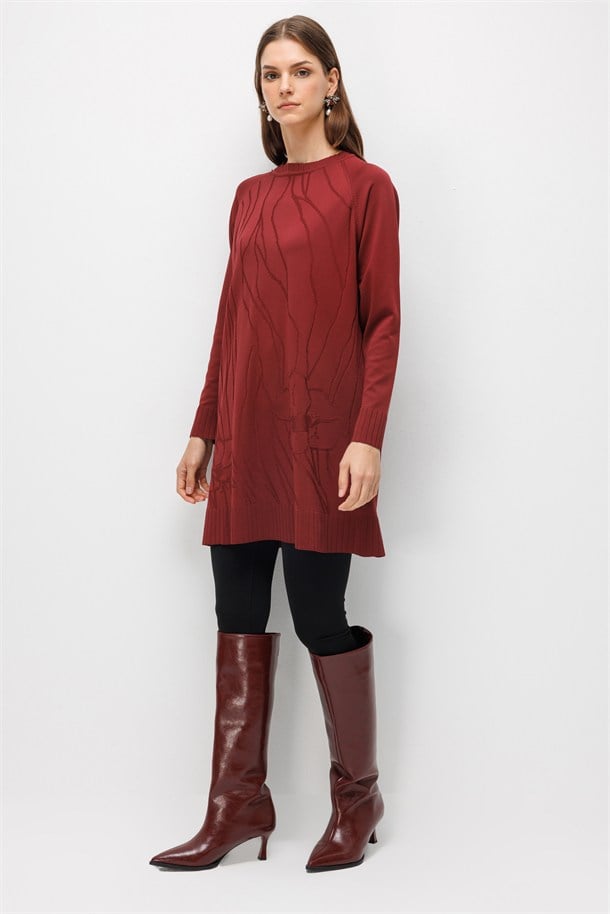 Kendinden Çiçek Desenli Triko Tunik-BORDO