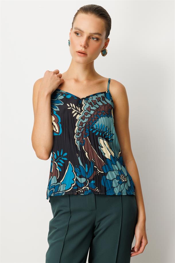 Kendinden Desenli Askılı Bluz-PETROL