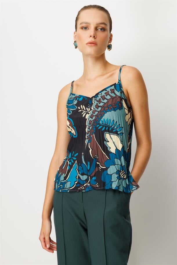 Kendinden Desenli Askılı Bluz-PETROL