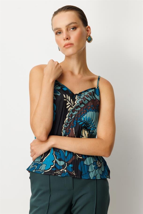 Kendinden Desenli Askılı Bluz-PETROL