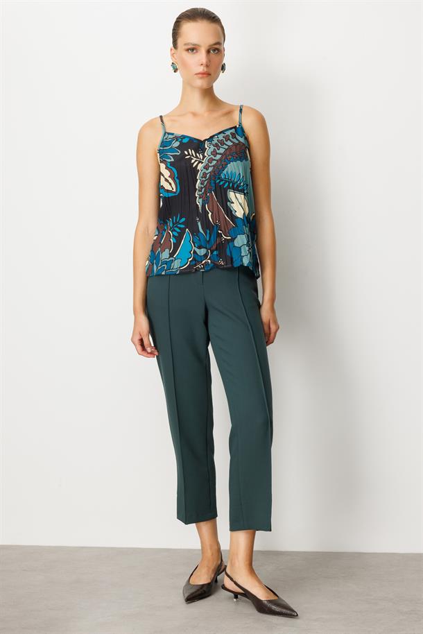 Kendinden Desenli Askılı Bluz-PETROL