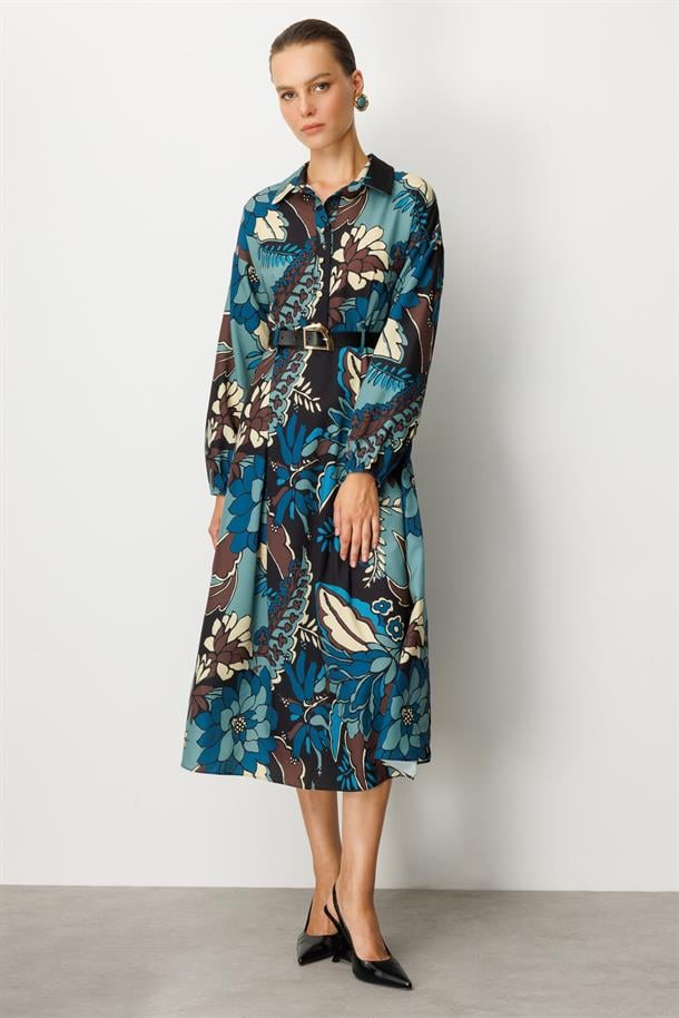 Kendinden Desenli Düğme Detaylı Elbise-PETROL