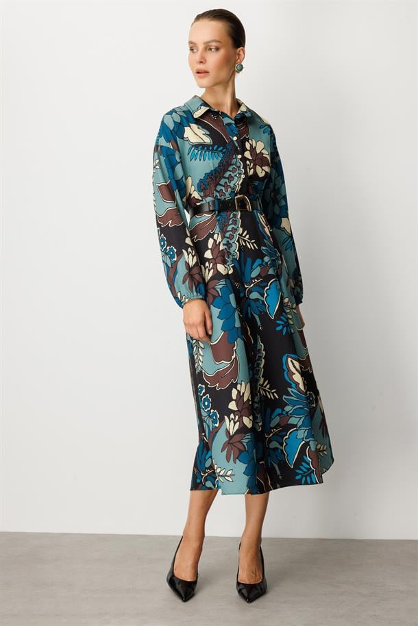 Kendinden Desenli Düğme Detaylı Elbise-PETROL