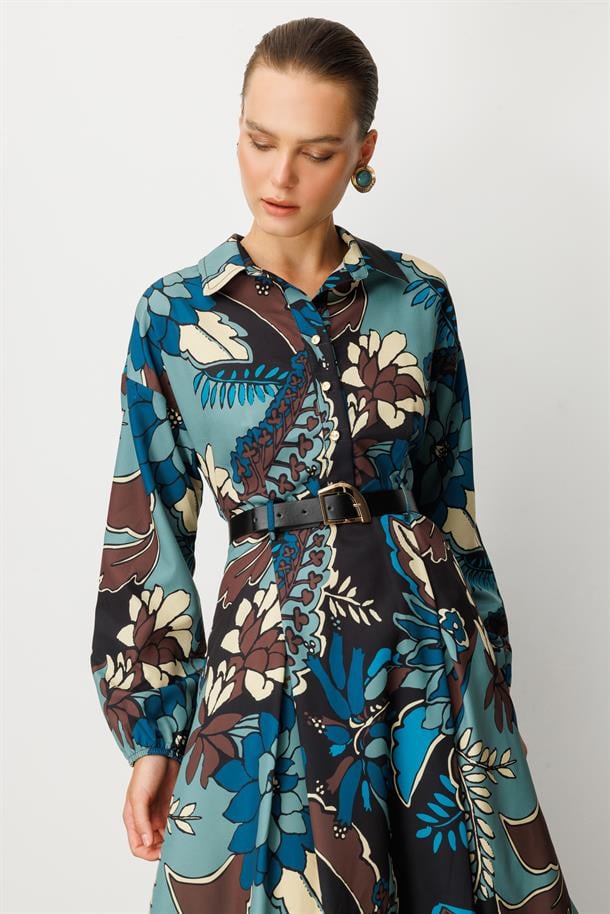 Kendinden Desenli Düğme Detaylı Elbise-PETROL