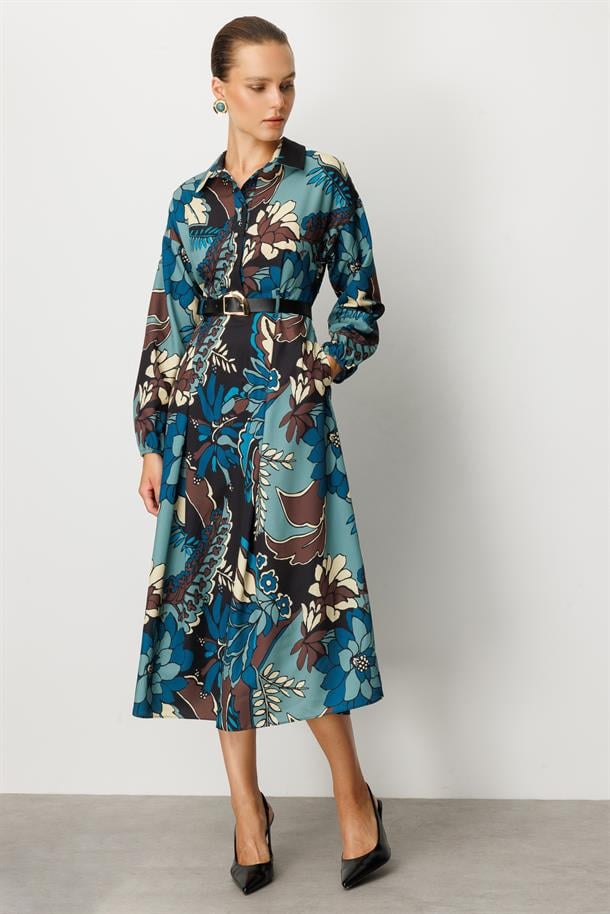 Kendinden Desenli Düğme Detaylı Elbise-PETROL