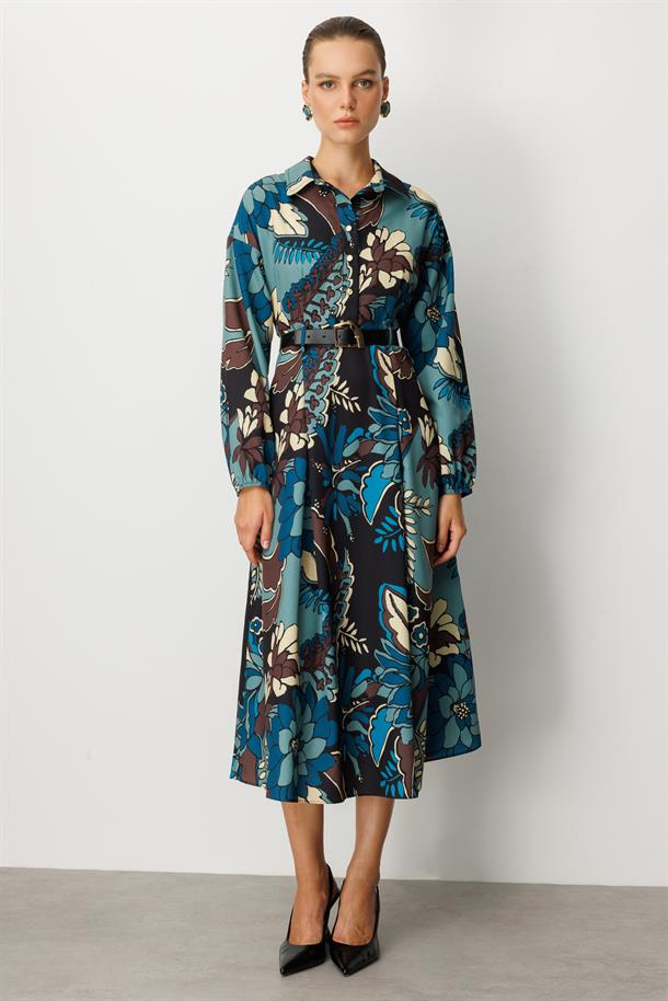 Kendinden Desenli Düğme Detaylı Elbise-PETROL