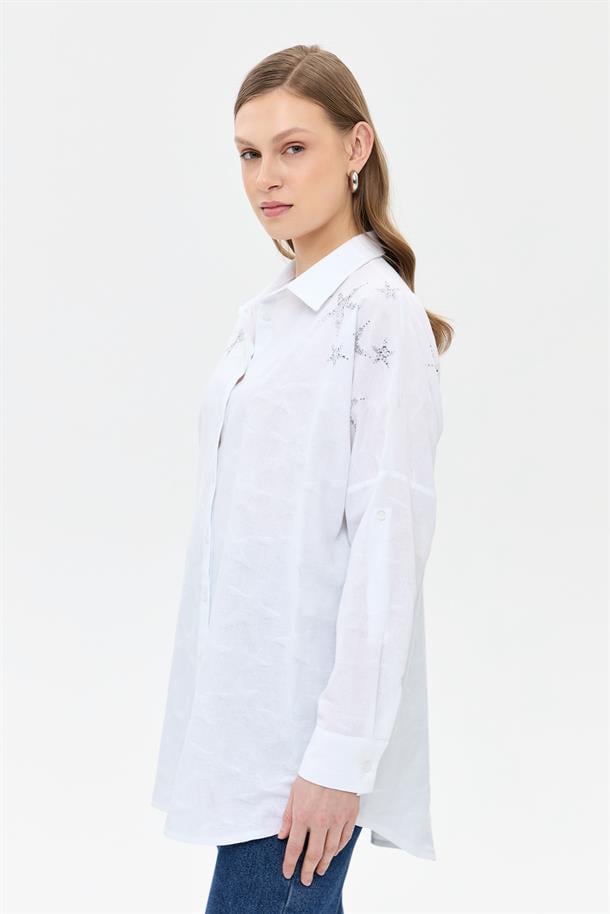 Kendinden Desenli Gömlek-BEYAZ