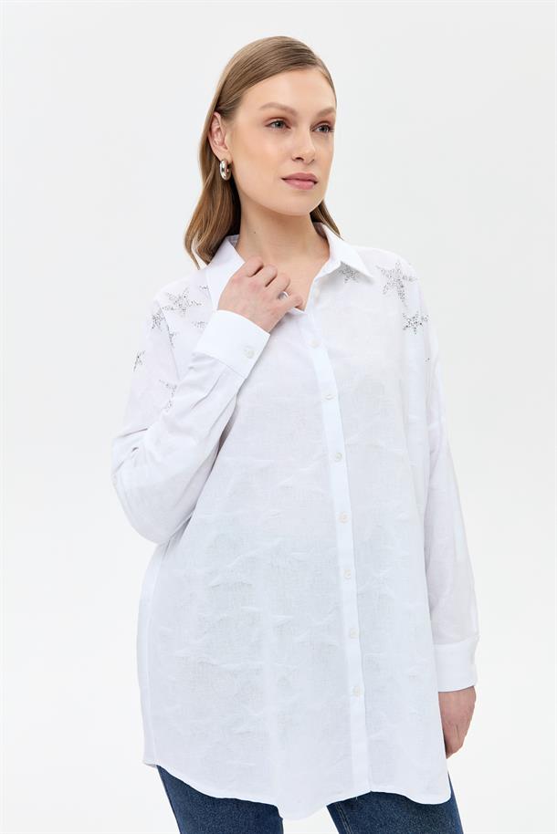 Kendinden Desenli Gömlek-BEYAZ