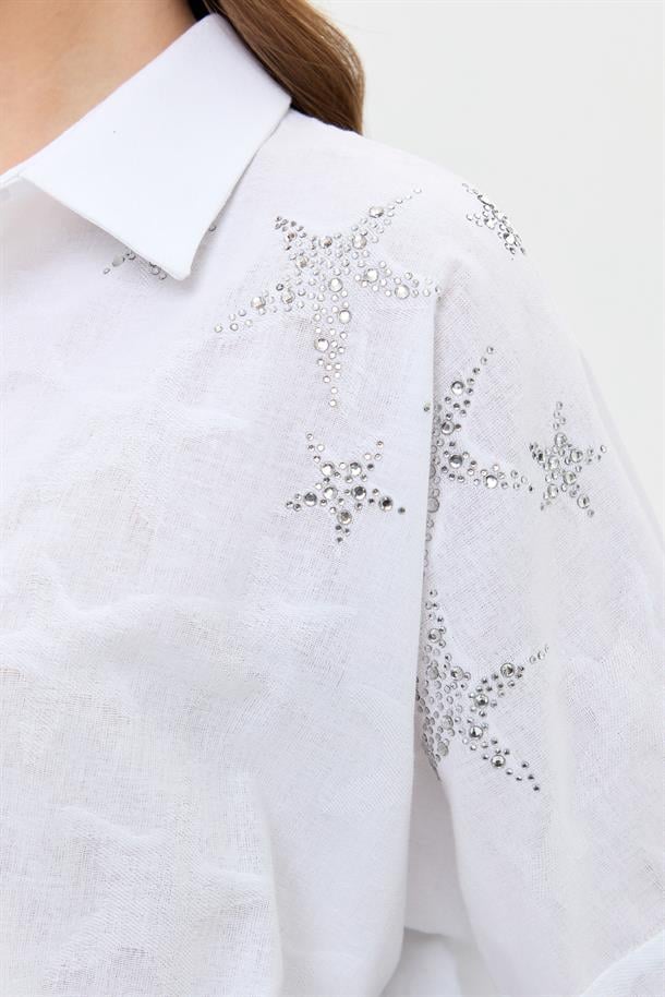 Kendinden Desenli Gömlek-BEYAZ