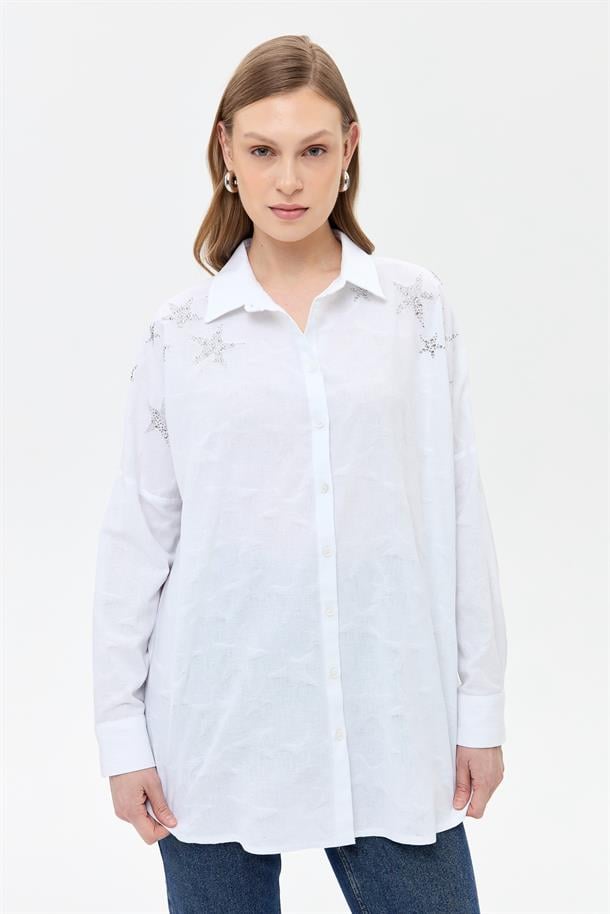 Kendinden Desenli Gömlek-BEYAZ