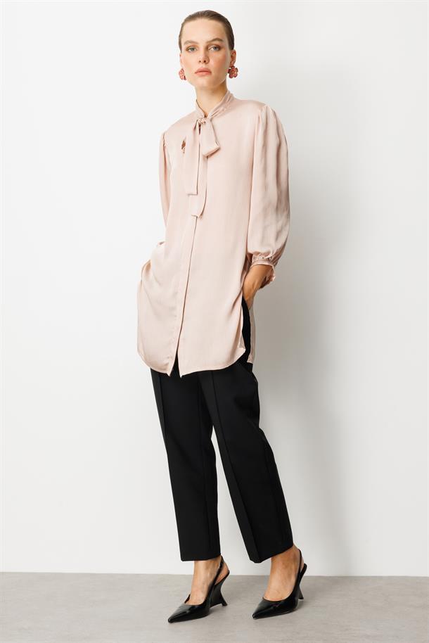 Kendinden Desenli Saten Tunik Gömlek-GÜL KURUSU