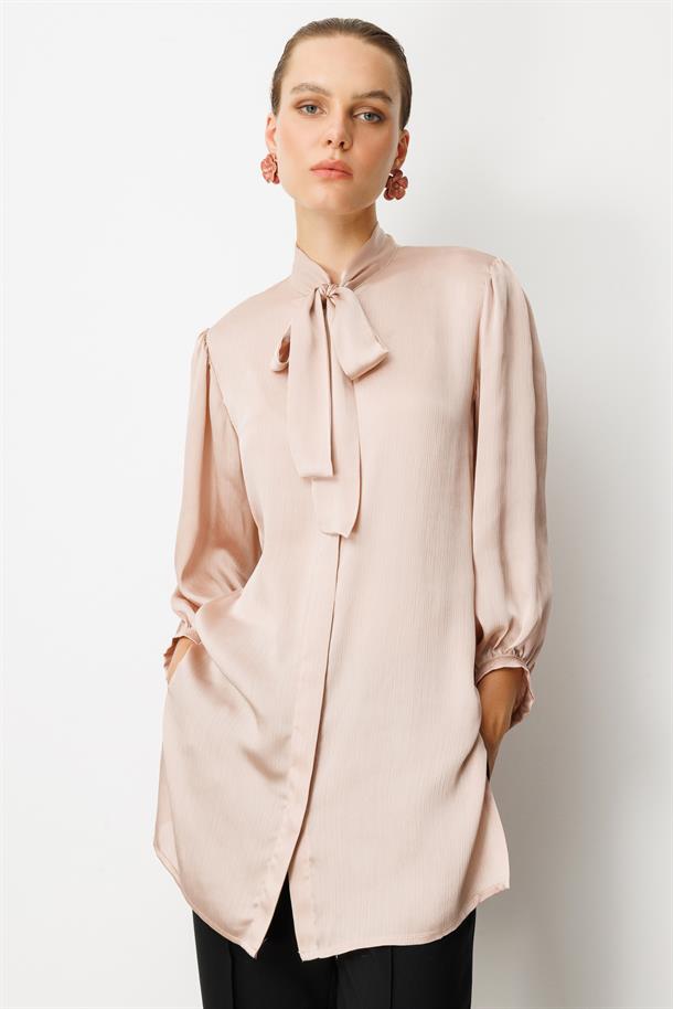 Kendinden Desenli Saten Tunik Gömlek-GÜL KURUSU