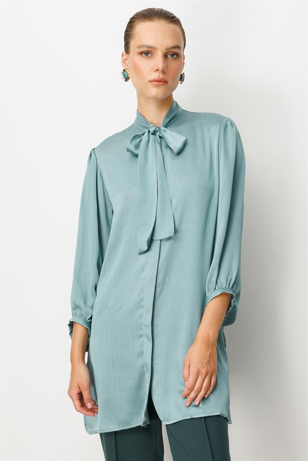 Kendinden Desenli Saten Tunik Gömlek-MINT