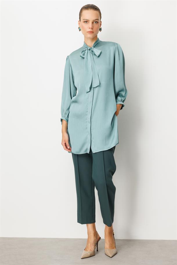 Kendinden Desenli Saten Tunik Gömlek-MINT